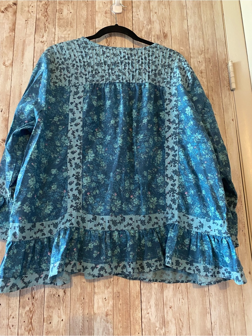 LOGO Lab 3/4 sleeve crew neck bed jacket ruffles XL Lagenlook boho Blue Lori top - Picture 5 of 5